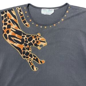 Vintage Delia Burke T-Shirt Leopard Cheetah Embroidered Applique Gray - Size 1X